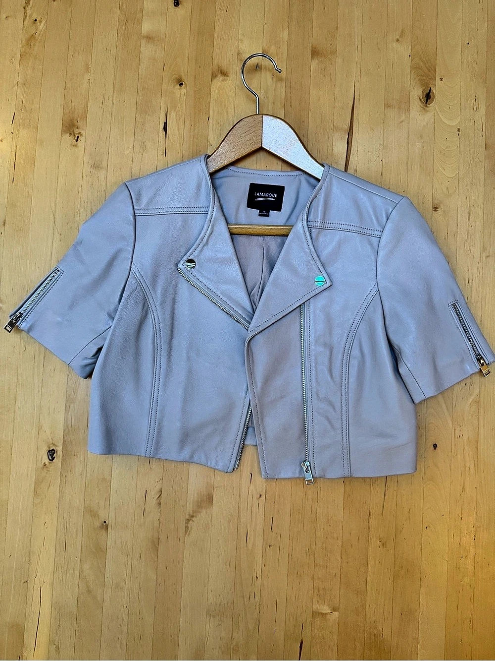 Lamarque Kirsi Short-Sleeve Leather Jacket Cropped Moto Jacket Gray XS
